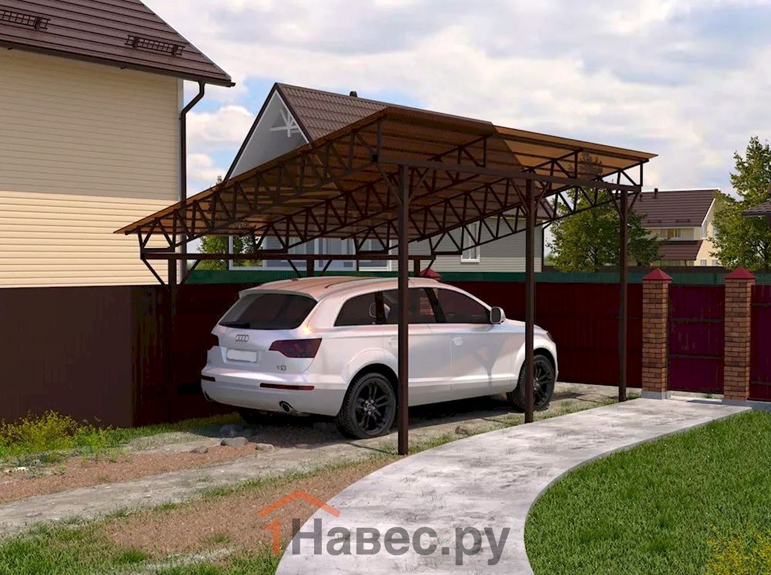 Односкатный навес из поликарбоната для дома
